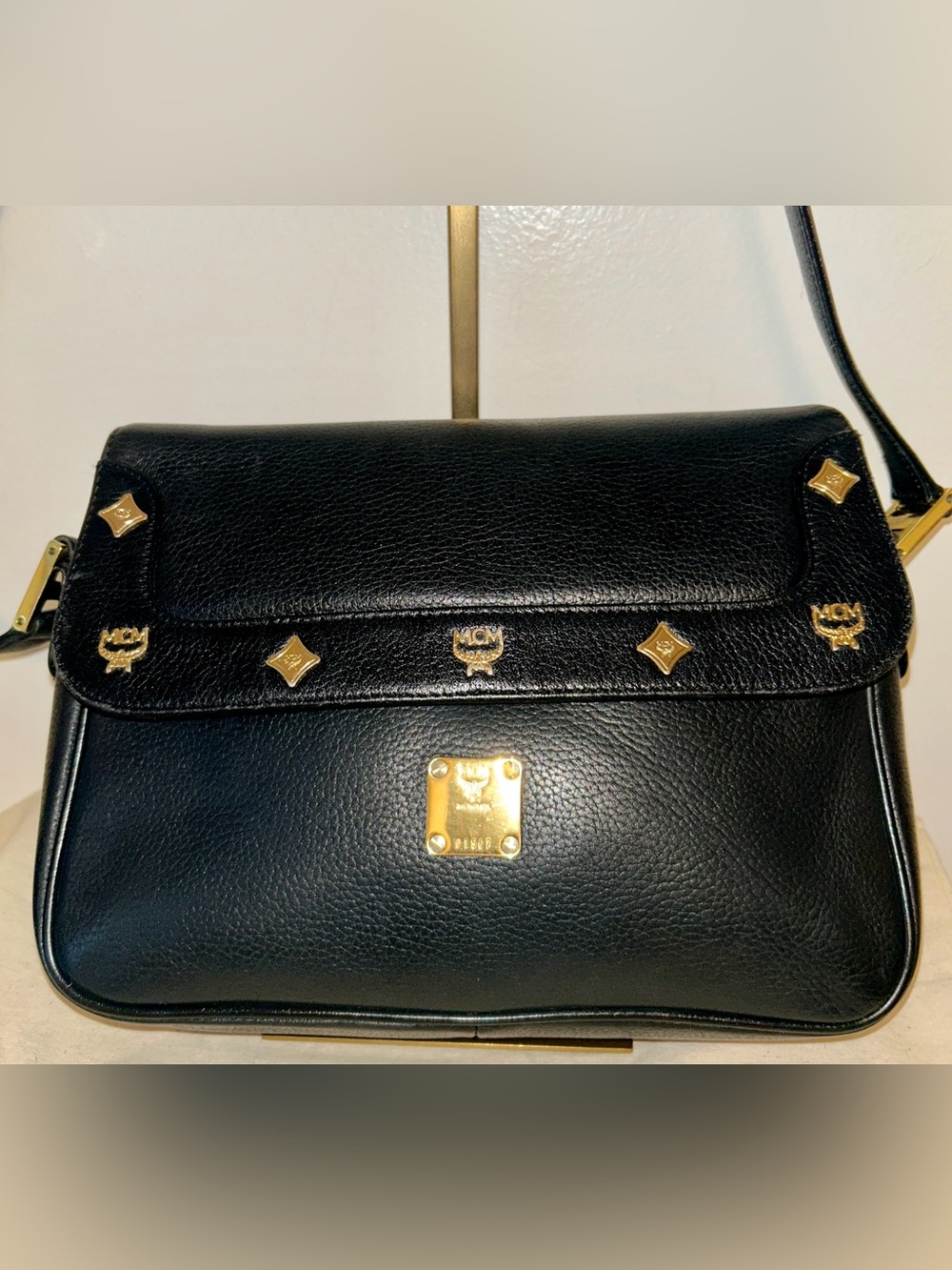 MCM Black Pebbled Leather Satchel Crossbody with Gold Hardware GERMANY!